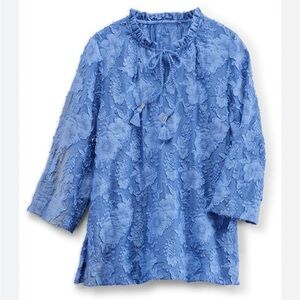 Soft Surroundings Blue Inara 3/4 Sleeve Tie Front Blouse Women Size 1X